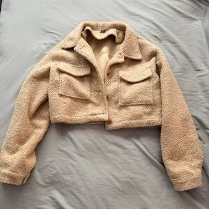 Women's Tan Cropped Sherpa Jacket